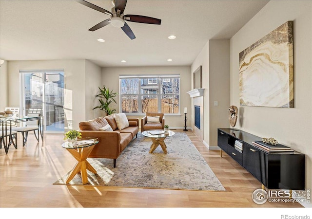 living room with ceiling fan and light hardwood / wood-style flooring