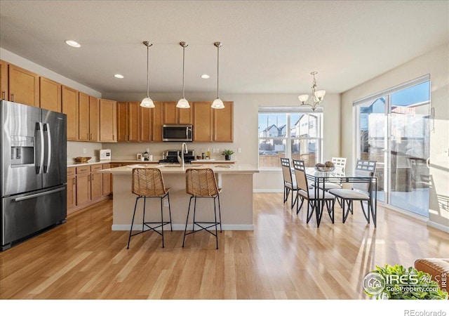 kitchen with a kitchen island with sink, pendant lighting, stainless steel appliances, and light hardwood / wood-style floors