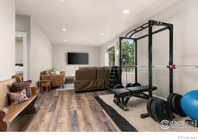 workout area with hardwood / wood-style floors