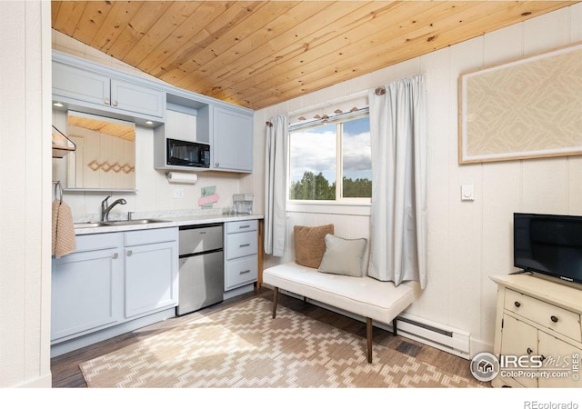 kitchen with sink, vaulted ceiling, stainless steel dishwasher, light wood-type flooring, and wood ceiling