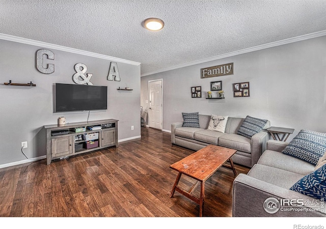 living room featuring a textured ceiling, dark hardwood / wood-style floors, and crown molding