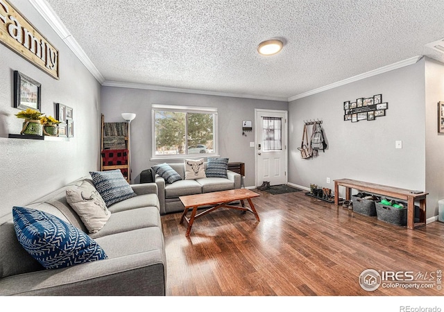 living room with hardwood / wood-style floors, a textured ceiling, and ornamental molding