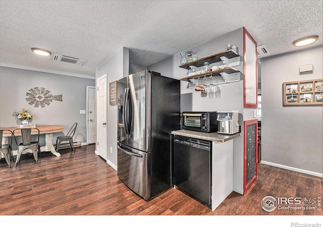 kitchen featuring dark hardwood / wood-style flooring, stainless steel fridge, dishwasher, and ornamental molding