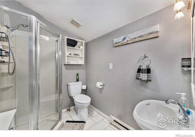 bathroom featuring vaulted ceiling, sink, a baseboard radiator, tile patterned flooring, and a shower with shower door