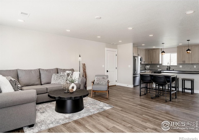 living room with sink and light wood-type flooring