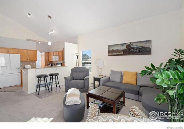 carpeted living room with high vaulted ceiling