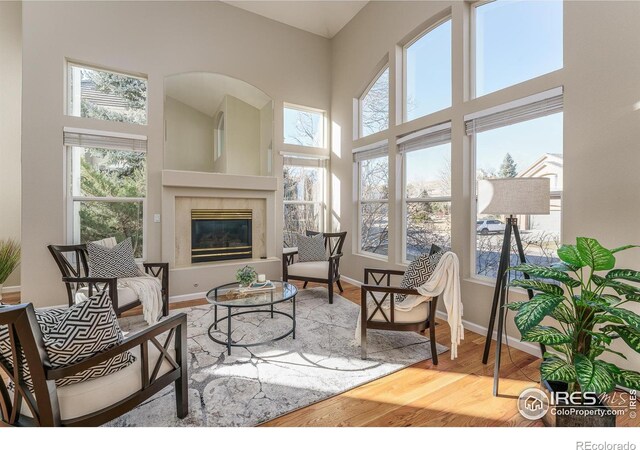 living room with a fireplace, a high ceiling, and light wood-type flooring