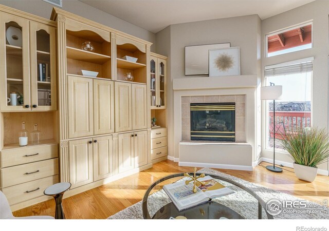 living room with a fireplace and light wood-type flooring