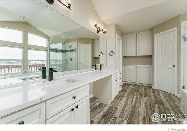 bathroom with vanity, vaulted ceiling, and a shower with door