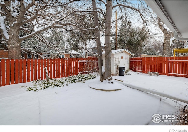 yard covered in snow with a shed