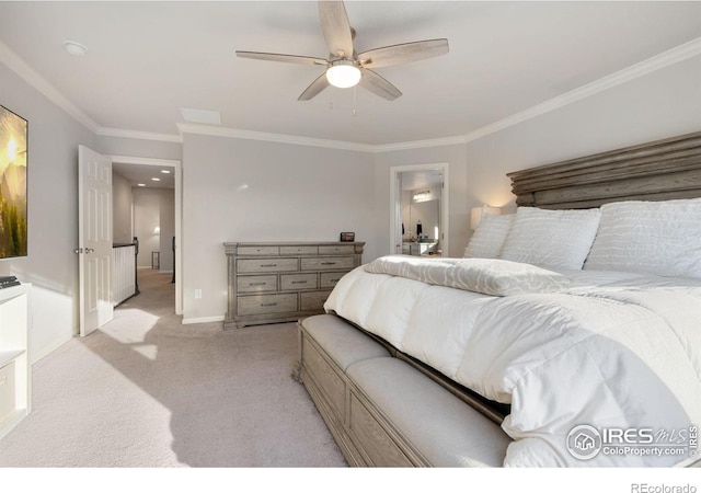 carpeted bedroom with ceiling fan and crown molding