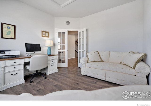 office area with hardwood / wood-style flooring and french doors