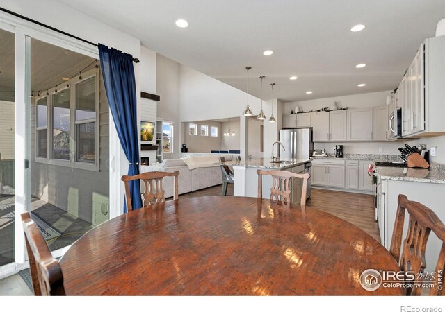 dining area with sink and dark wood-type flooring