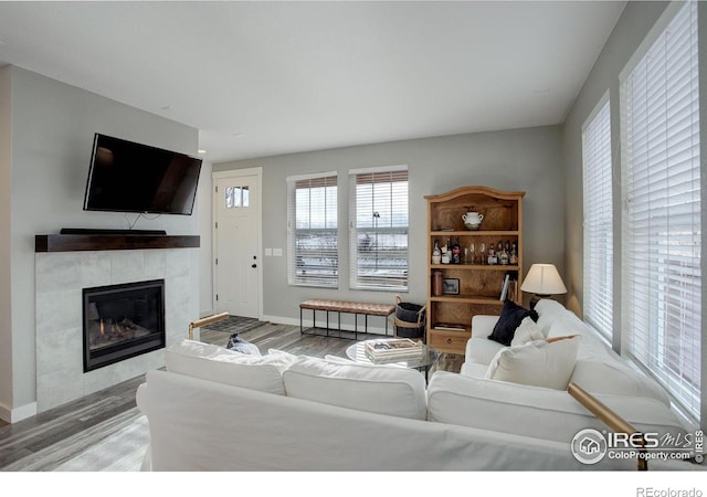 living room featuring a tile fireplace and light wood-type flooring