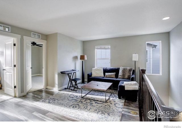 living room featuring ceiling fan and wood-type flooring