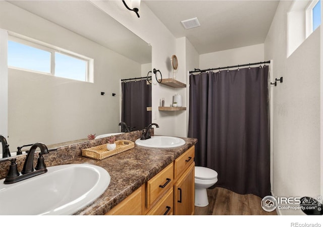 bathroom featuring vanity, toilet, and hardwood / wood-style floors