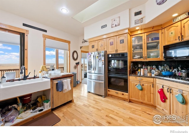 kitchen featuring tasteful backsplash, light hardwood / wood-style flooring, black appliances, and sink