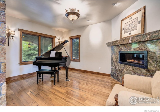 interior space featuring a stone fireplace and light hardwood / wood-style flooring