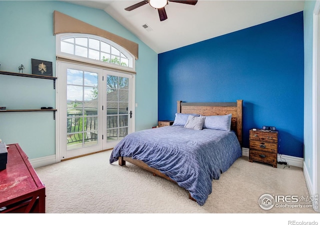 bedroom featuring carpet flooring, access to exterior, ceiling fan, and vaulted ceiling