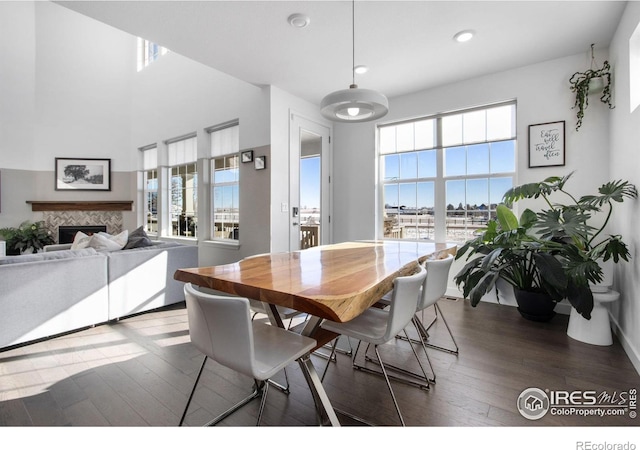 dining space with dark hardwood / wood-style floors