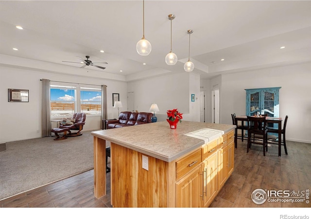 kitchen with a kitchen island, open floor plan, light countertops, dark wood-style floors, and a raised ceiling