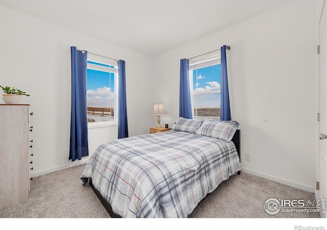 carpeted bedroom featuring multiple windows and baseboards