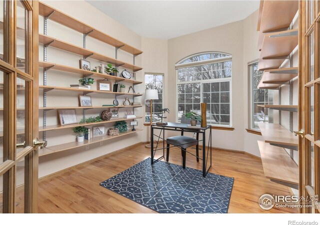 office with light wood-type flooring