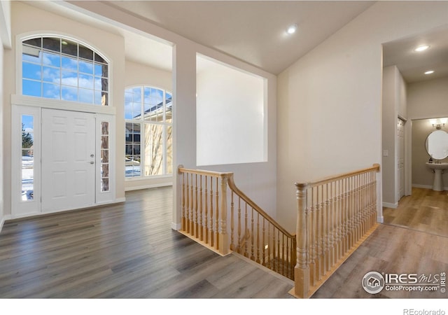 entryway with dark wood-type flooring and vaulted ceiling