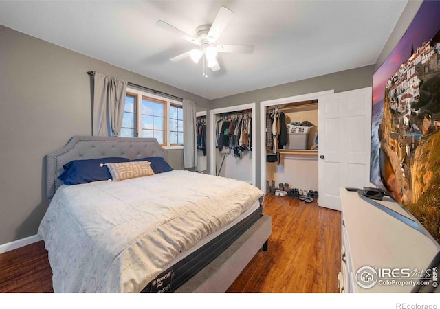 bedroom with ceiling fan and wood-type flooring