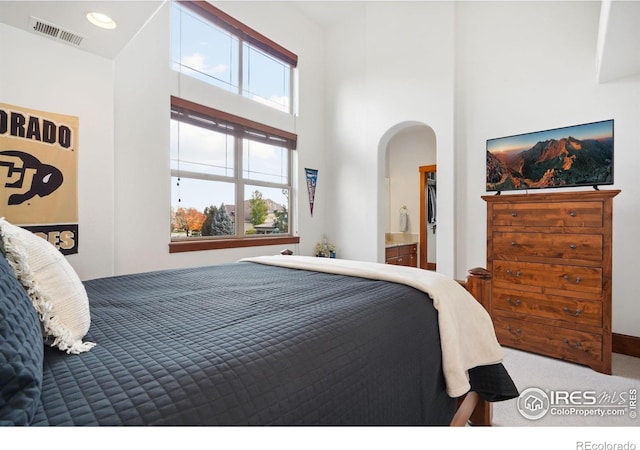 bedroom with a towering ceiling, carpet floors, and ensuite bath