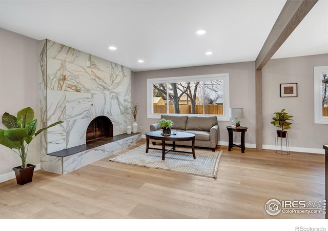 living room featuring a high end fireplace and light wood-type flooring