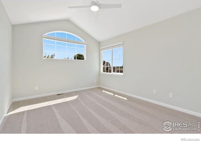 carpeted empty room with ceiling fan and lofted ceiling