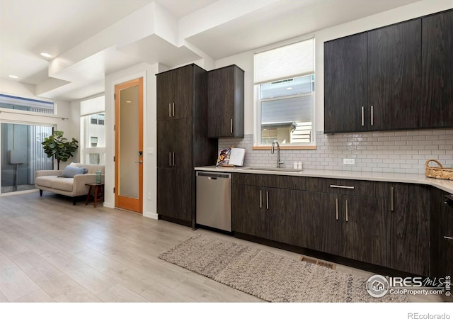 kitchen featuring stainless steel dishwasher, backsplash, dark brown cabinets, and sink