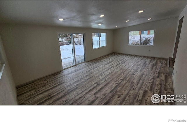 empty room featuring lofted ceiling, dark wood-type flooring, and a healthy amount of sunlight