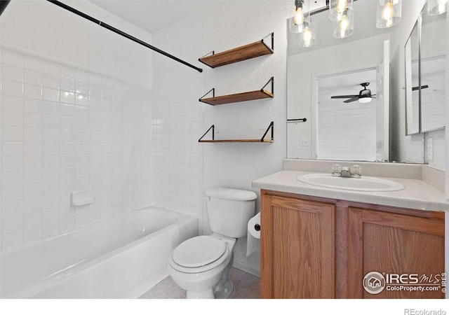 full bathroom with shower / bathtub combination, toilet, ceiling fan, and vanity