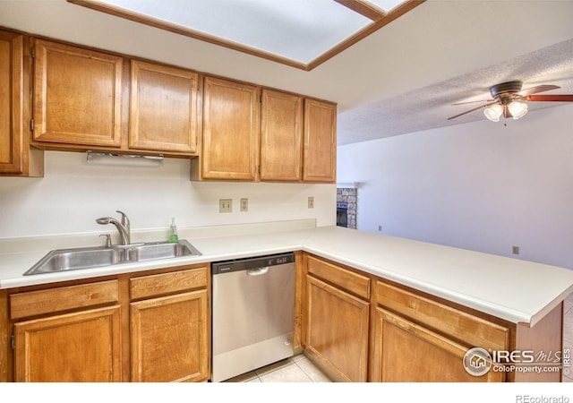 kitchen featuring kitchen peninsula, stainless steel dishwasher, a textured ceiling, ceiling fan, and sink