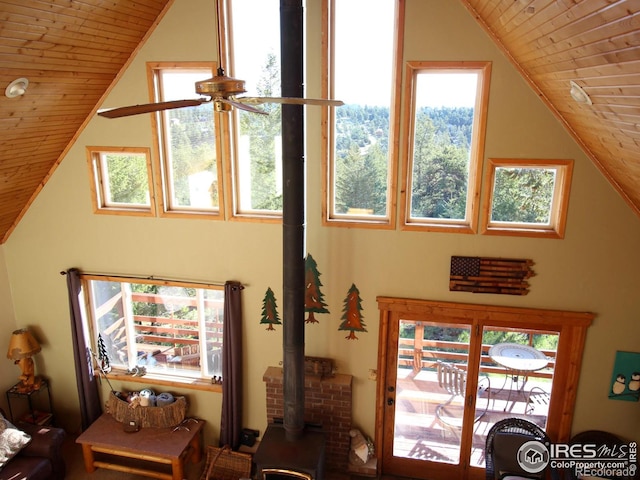 room details featuring a wood stove, ceiling fan, and wood ceiling