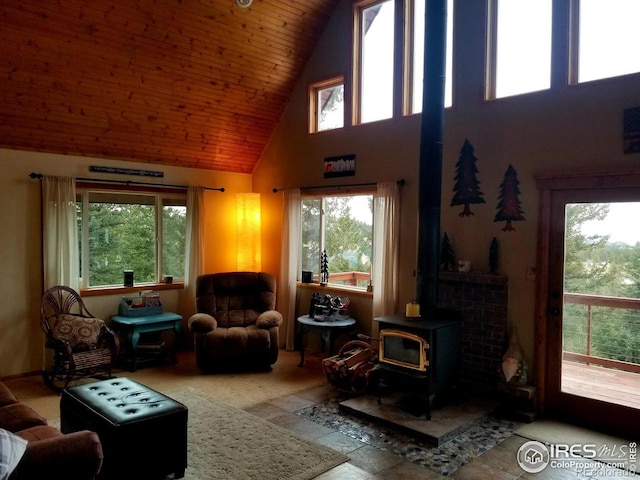 interior space with plenty of natural light, a wood stove, and high vaulted ceiling