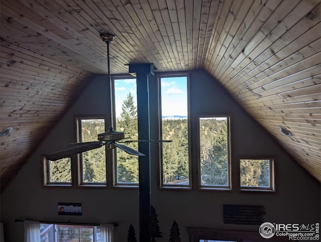 interior details featuring ceiling fan and wooden ceiling