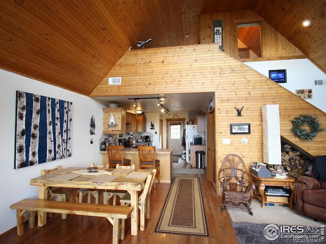 dining area featuring wooden walls, high vaulted ceiling, and wooden ceiling