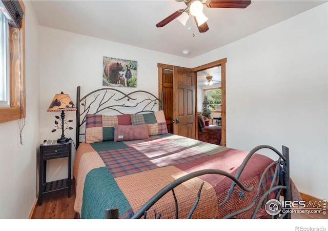 bedroom featuring dark hardwood / wood-style flooring and ceiling fan