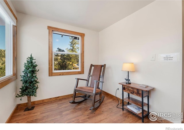 sitting room featuring a healthy amount of sunlight and hardwood / wood-style flooring