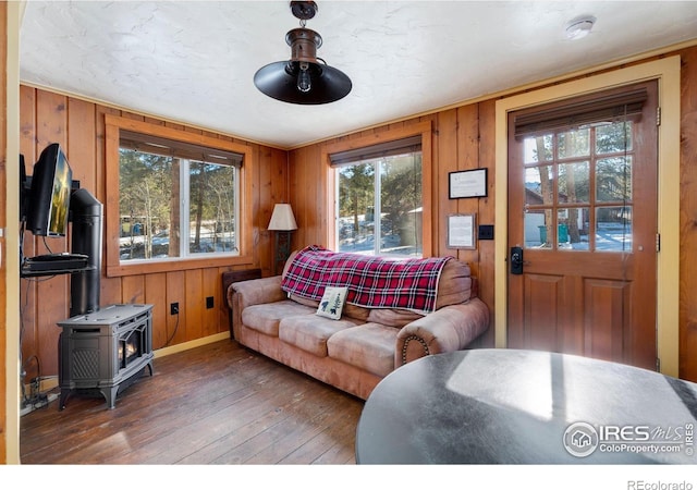 living room with dark hardwood / wood-style flooring and a wood stove