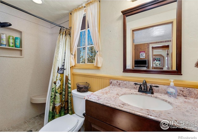 bathroom featuring toilet, vanity, and walk in shower