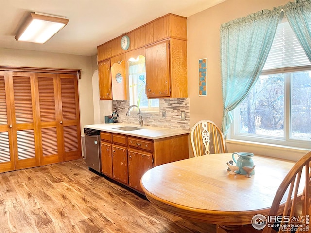 kitchen featuring tasteful backsplash, stainless steel dishwasher, light hardwood / wood-style floors, and sink