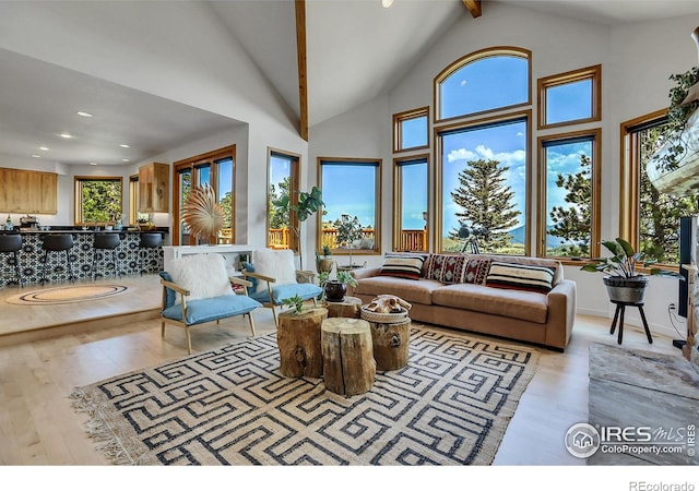 living room with light wood-type flooring, high vaulted ceiling, and beamed ceiling