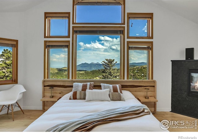 bedroom with a mountain view, light hardwood / wood-style floors, and a high ceiling