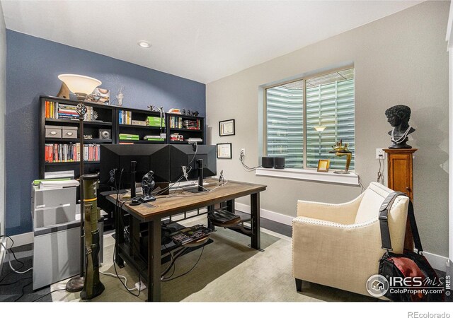 home office featuring light colored carpet