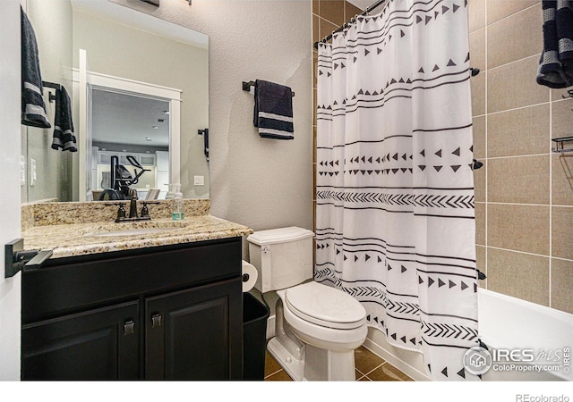 full bathroom featuring vanity, toilet, and shower / bathtub combination with curtain