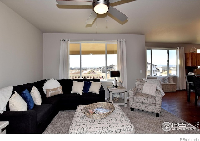 living room with ceiling fan and dark wood-type flooring